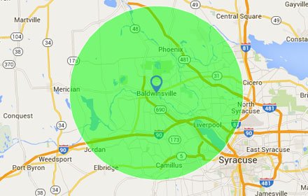 Map of the Baldwinsville area — tap to open the Dumpster Distribution Hub in Google Maps